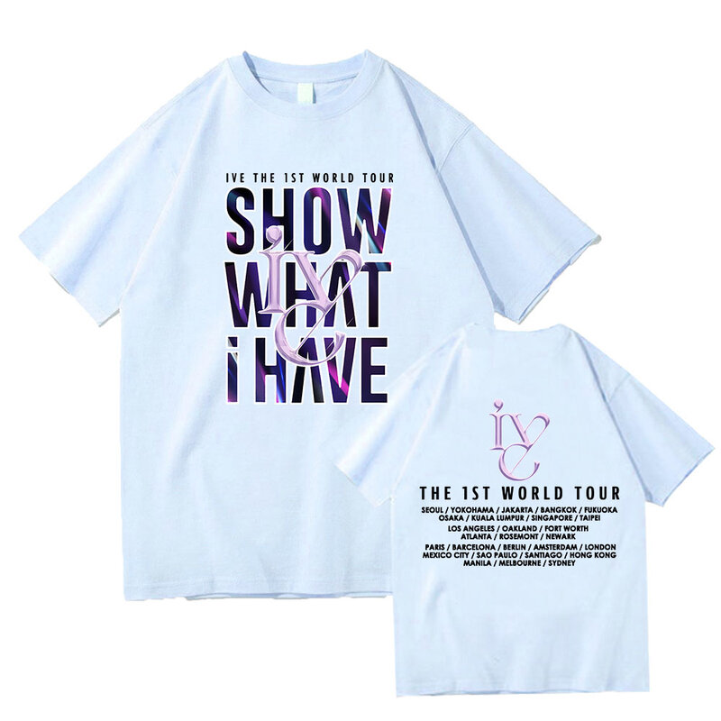 IVE The 1st World Tour t-shirt Kpop Girls Band cetakan grafis Tee-shirt katun lengan pendek wanita/Kaus gaya Korea