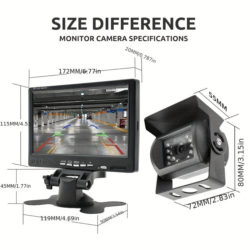 Monitor de Visão Traseira do carro com 2 Heavy Duty CCD Cor, Vista Traseira, Estacionamento Invertendo Backup Camera, 4Pin Cabo, 10m, 7"