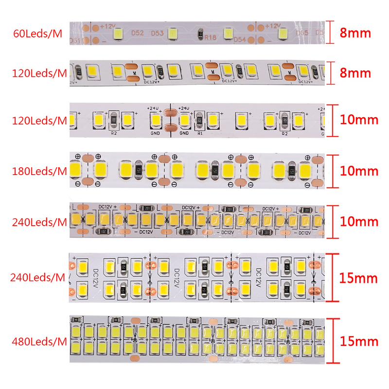 Tira de luces LED de 12V y 24V, cinta Flexible de 5M, 2835, 120, 240, 480, resistente al agua, decoración del hogar