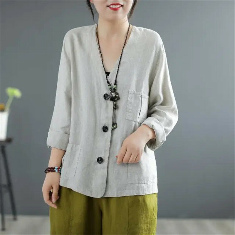 Jaqueta literária de algodão e linho estilo chinês para mulheres, jaqueta fina, cardigã de manga comprida, protetor solar, primavera, verão, outono