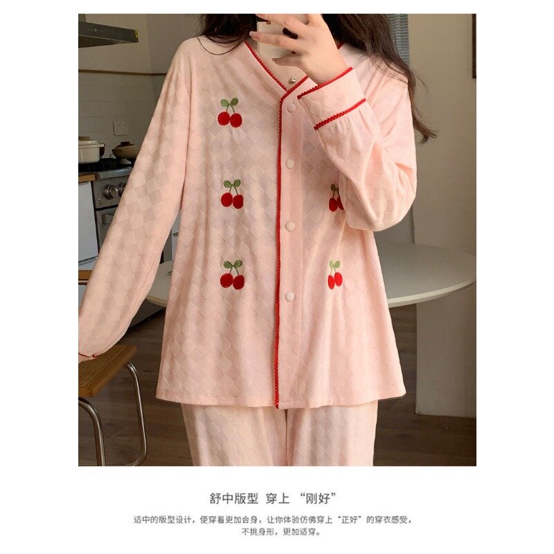Cherry feminino Pijama bordado, terno loungewear, calça manga comprida, pijamas de algodão, moda doce, roupa caseira, primavera, outono