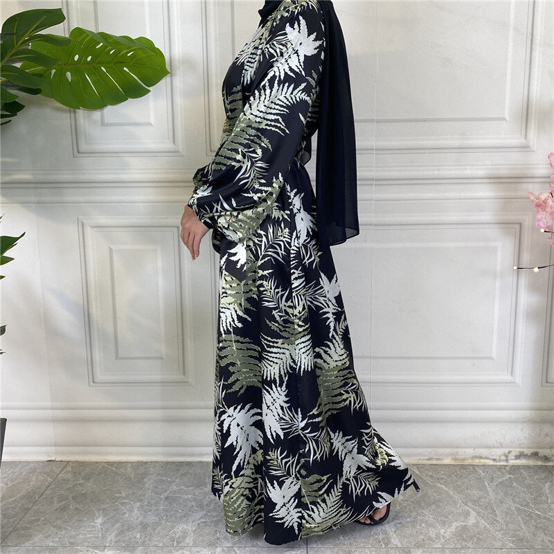Wepbel Dài Tay Áo Dây Caftan Kimono Tiếng Ả Rập Xu Hướng Satin Abaya Hồi Giáo Đầm Vải In Hình Mặt Túi Hồi Giáo Quần Áo Cardigan