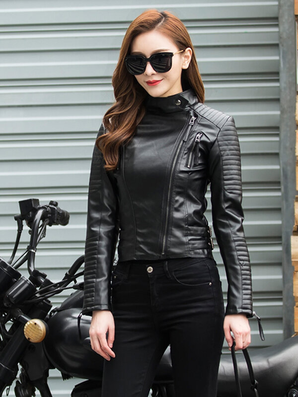 Fitaylor Spring Autumn Women Punk Leather Jacket PU Faux Leather Jackets Basic Bomber Leather Motorcycle Black Coat
