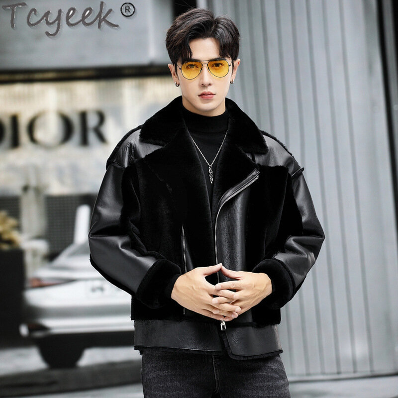 Tcyeek-Casaco de carneiro natural masculino, jaqueta de couro genuíno de motocicleta, casaco de pele real solto, roupas de inverno