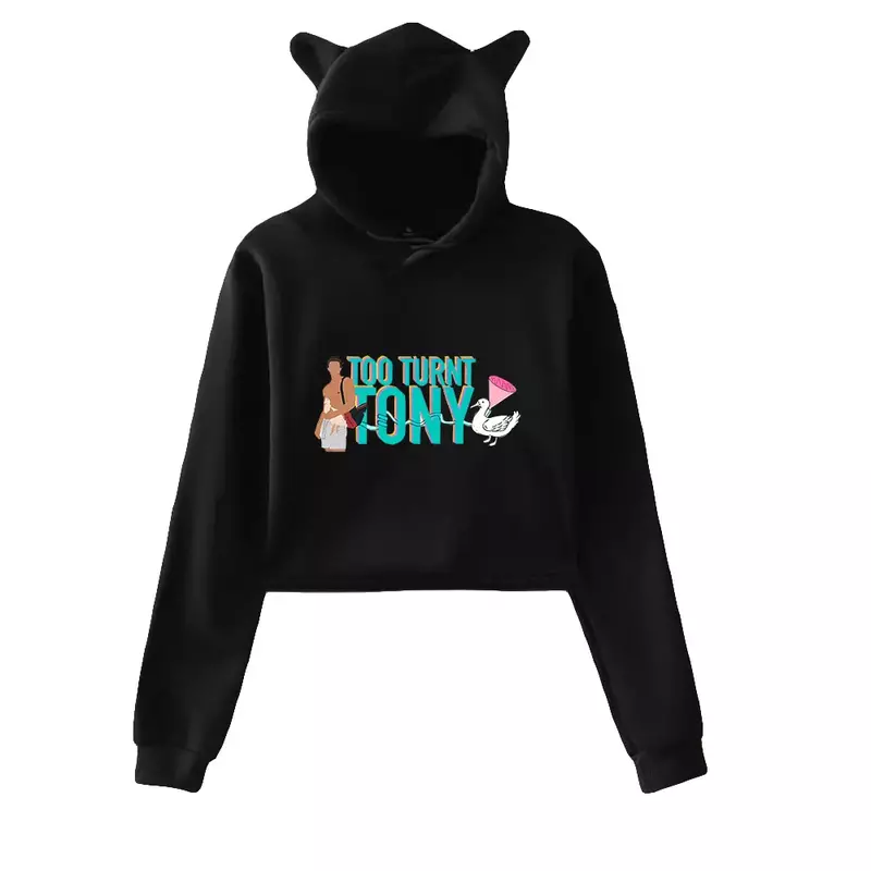 TooTurntTony Merch Crop Top Bluza z kapturem dla nastoletnich dziewcząt Streetwear Hip Hop Kawaii Cat Ear Harajuku Cropped Sweatshirt Pullover Tops