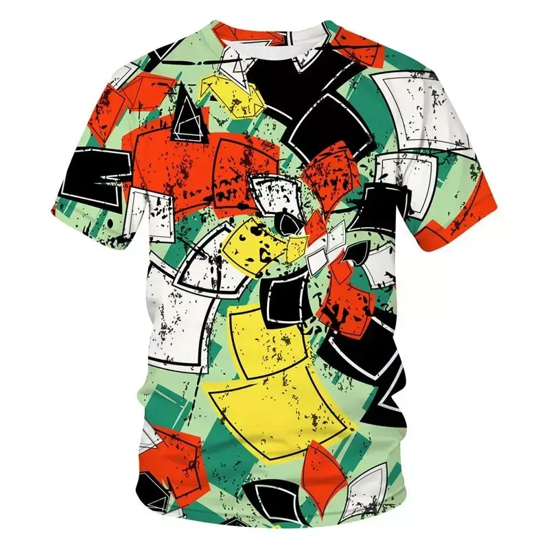 Camiseta de línea geométrica con estampado 3d para hombre, Top de manga corta con cuello redondo, estilo Hip-Hop callejero informal para todos los días, Verano