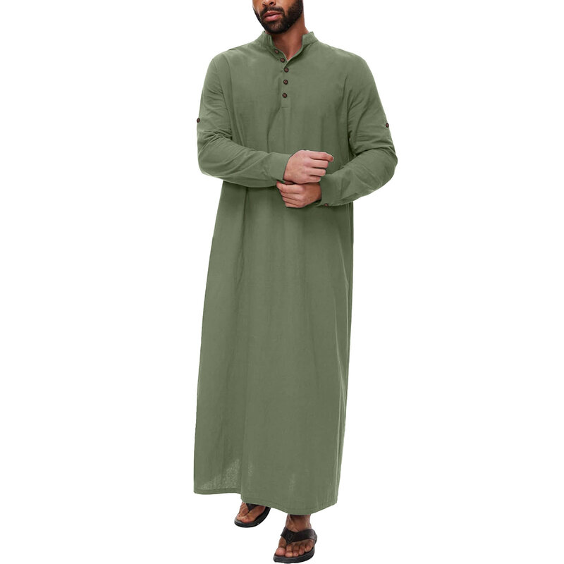 2024 New Mens Middle Arabic Style Simple Long Mens Button Muslim Robe Long Sleeve Robe Side Slit Robe Button Pocket Robe