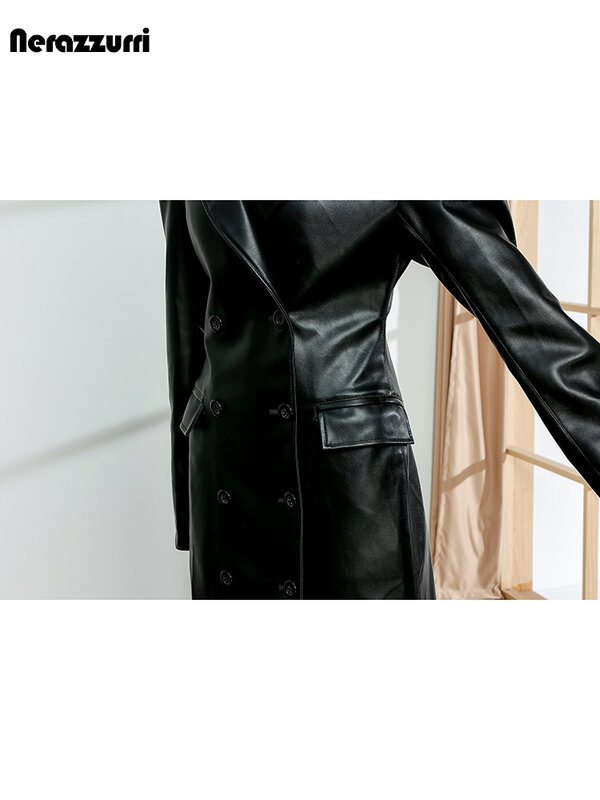 Nerazurri-أسود بولي Leather معطف واق من الجلد للنساء ، طويلة المجهزة ، شق الظهر ، مزدوجة الصدر ، ملابس مصمم الفاخرة ، الخريف ، 2023