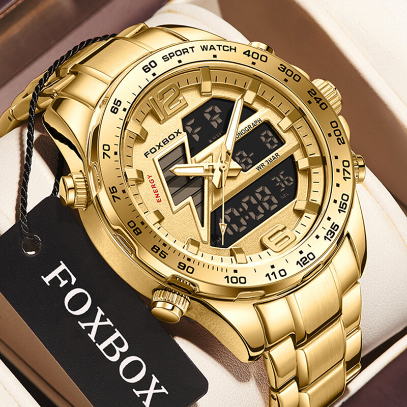 LIGE jam tangan FOXBOX pria, arloji bisnis tahan air bercahaya Display ganda konograf Alarm tali baja untuk lelaki