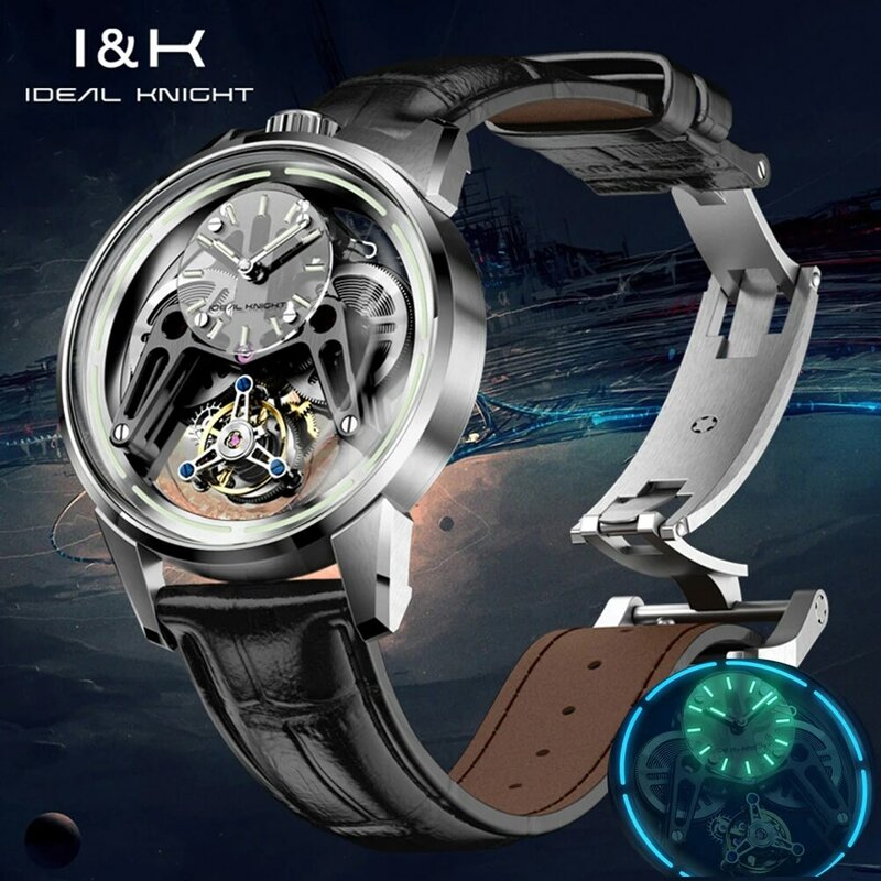 I & k orologio originale per uomo scheletro meccanico Tourbillon impermeabile cristallo zaffiro in pelle acciaio luminoso orologio da polso Set regalo