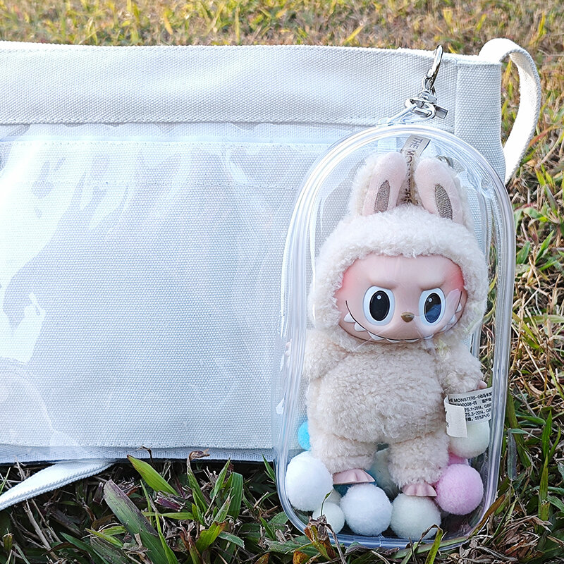 Przezroczysta torba na zewnątrz na 18cm pluszowe lalki inspirowane kreskówkami AC zabawki przezroczyste Mini Kawaii etui na brelok lalka Anime rysunek garaż Kit