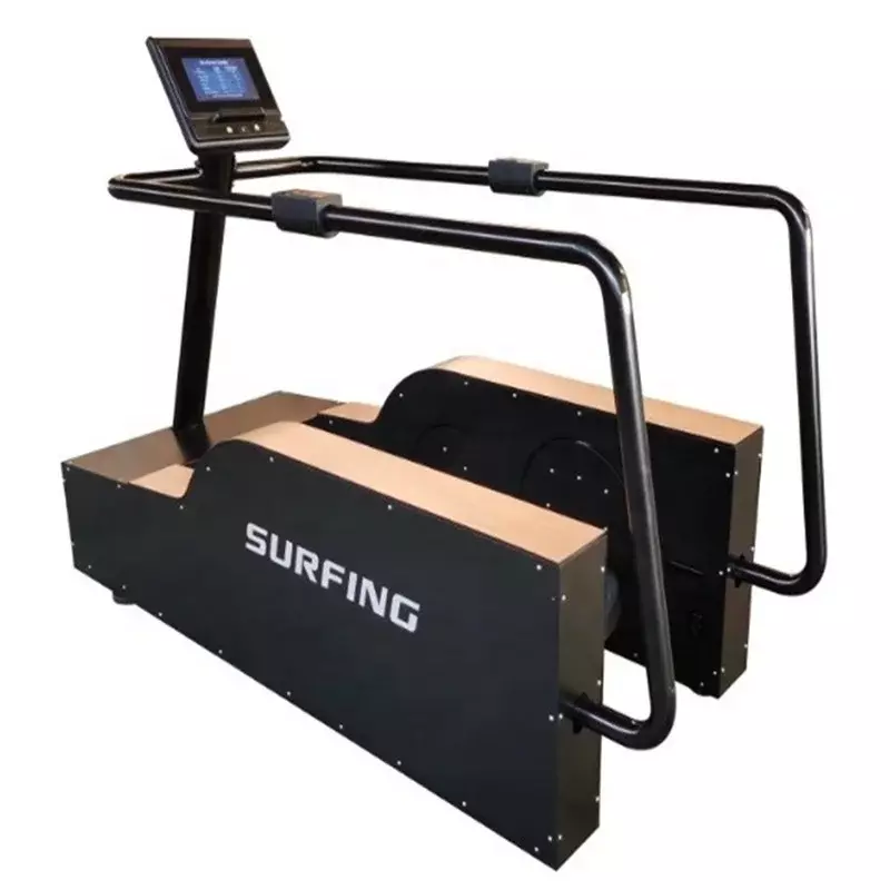 Associação comercial da onda macia do simulador surfando, máquina surfando com distância, tempo, velocidade, calorias, uso do Gym