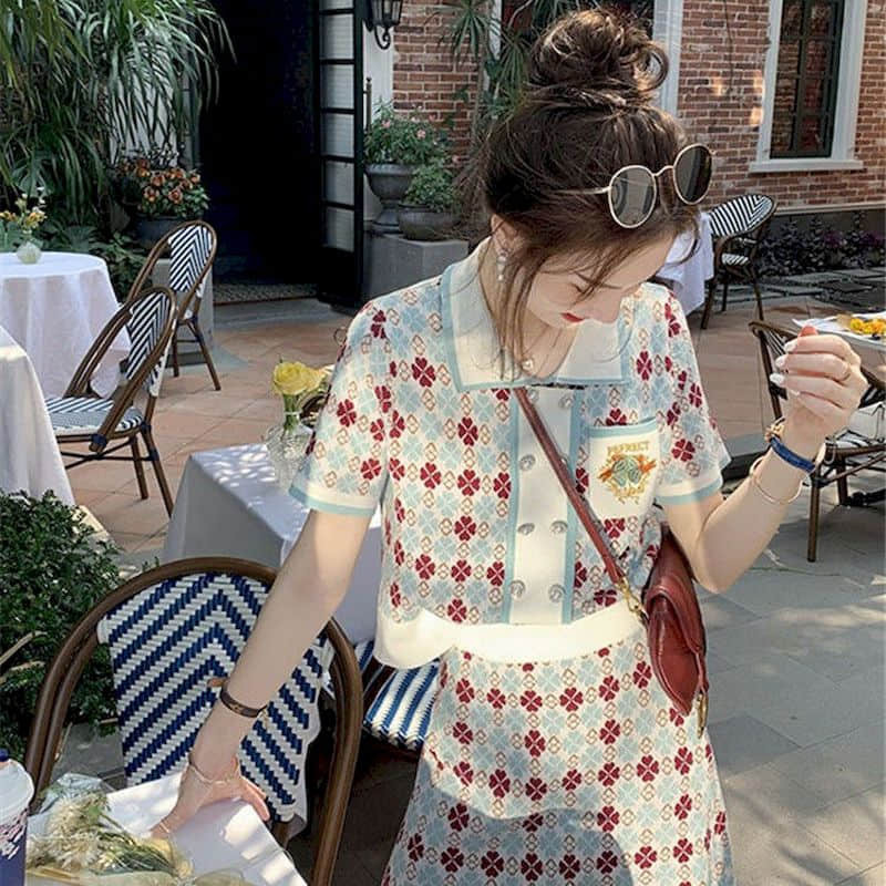 Zestawy sukienek zestawy dwuczęściowe damskie stroje koreańska moda styl Preppy topy z koszulka Polo z krótkim rękawem dekoltem i spódnice z wysokim stanem dla kobiet