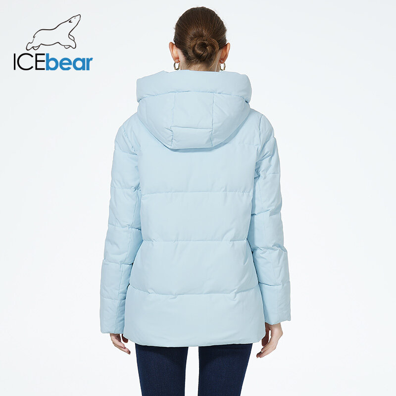 ICEbear-Parka feminina com zíper de manga comprida com capuz, casaco de inverno quente, grosso, outwear curto, casaco à prova de vento, GWD3911I, 2023