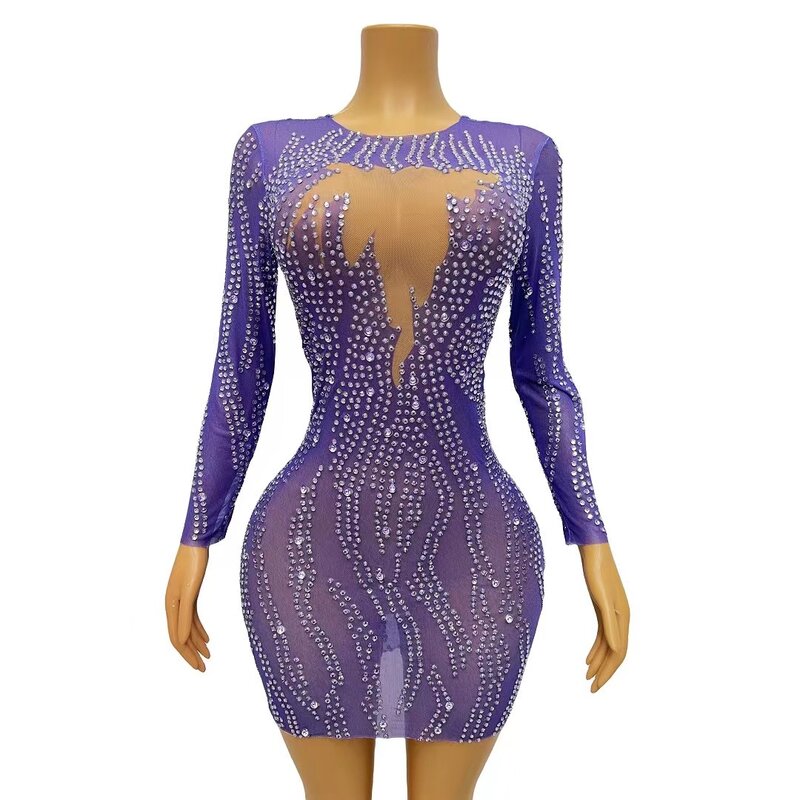 Pakaian pesta ulang tahun gaun regang berlian imitasi perak ungu seksi pakaian ShowPertormanceDancer panggung malam kostum zixu C106