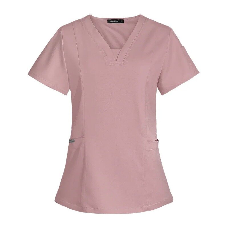 Blusa médica de manga corta para mujer, uniforme de enfermería, cuello en V, camisa de belleza, ropa de trabajo con bolsillo, chaqueta de laboratorio