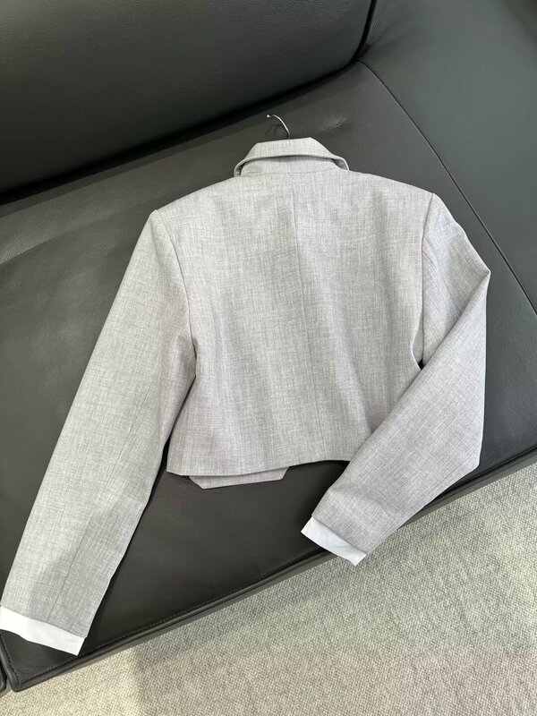 Traje de 2 piezas para mujer, Chaqueta corta con decoración de bolsillo, blusa Retro de manga larga + Falda plisada ancha, 2024