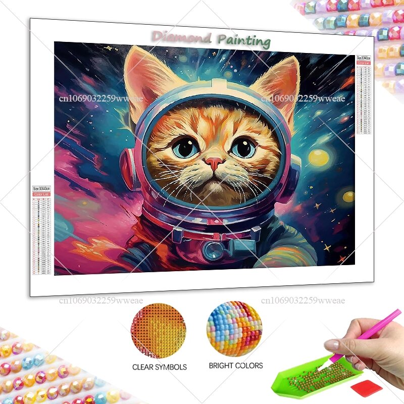 Gato bonito Pintura Diamante 5D, DIY Kit de Broca Completa, Espaço Fantasia, Ponto Cruz, Bordados, Decoração de Parede Criativa