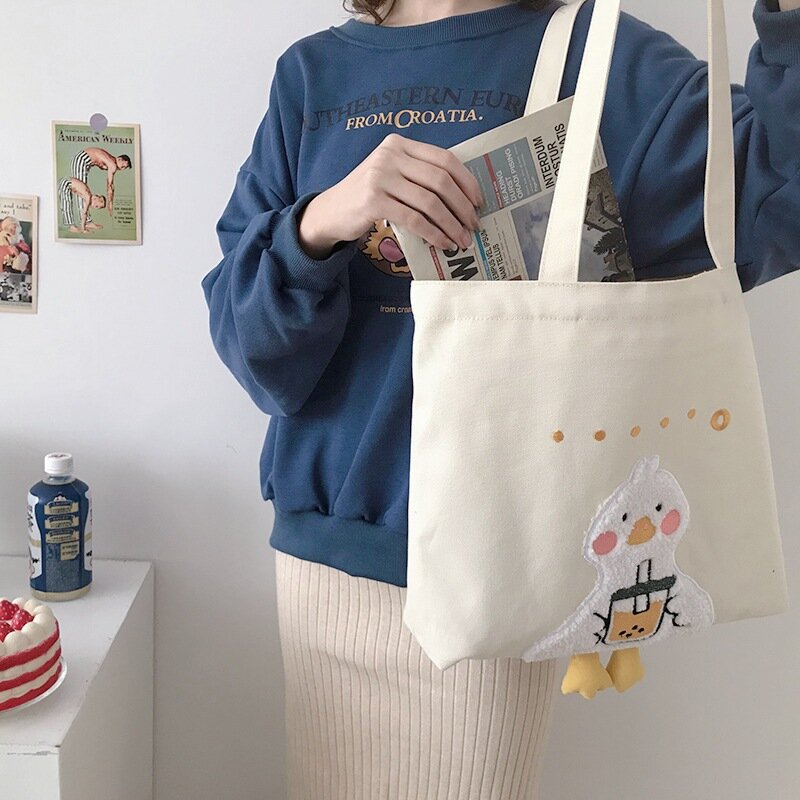 Ins Duck Embroidered Canvas Bag 2024 New Summer Soft Cute Single Shoulder Bag Shopping Canvas Tote Large Capacity Bags Schoolbag
