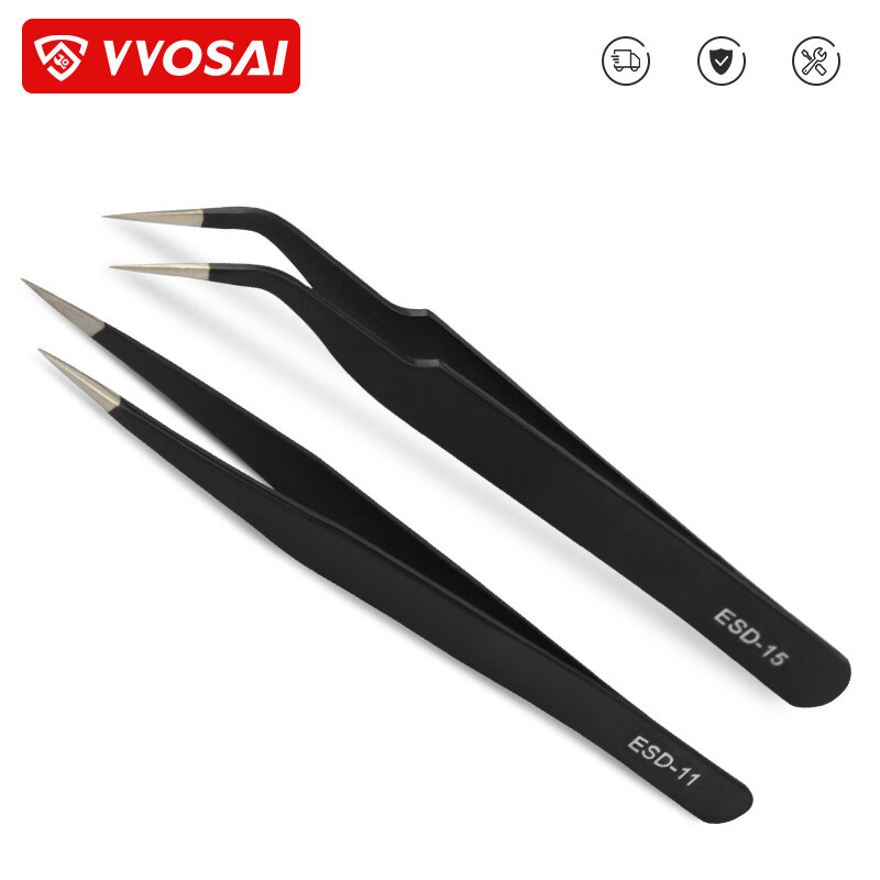 VVOSAI Curved Straight Tweezers Anti-static Precision Stainless Forceps Phone iPad Repair IC Chips Motherboard Repair Hand Tools