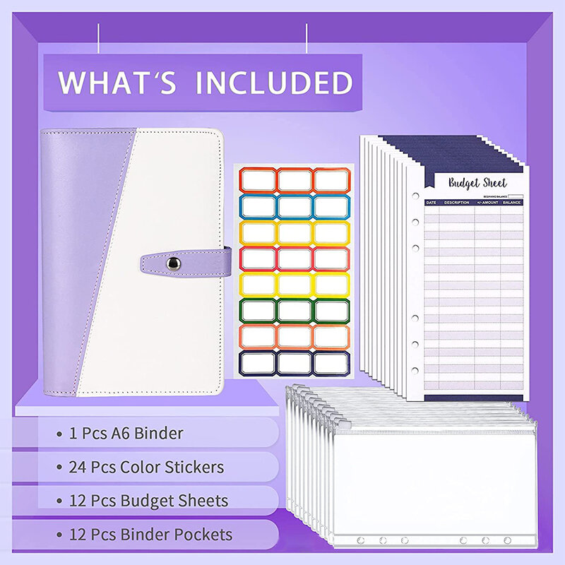 A6 Orçamento Binder com bolsos Zipper, Envelopes De Dinheiro, Organizador De Poupança De Dinheiro, Folhas De Orçamento, Etiquetas Auto-adesivas