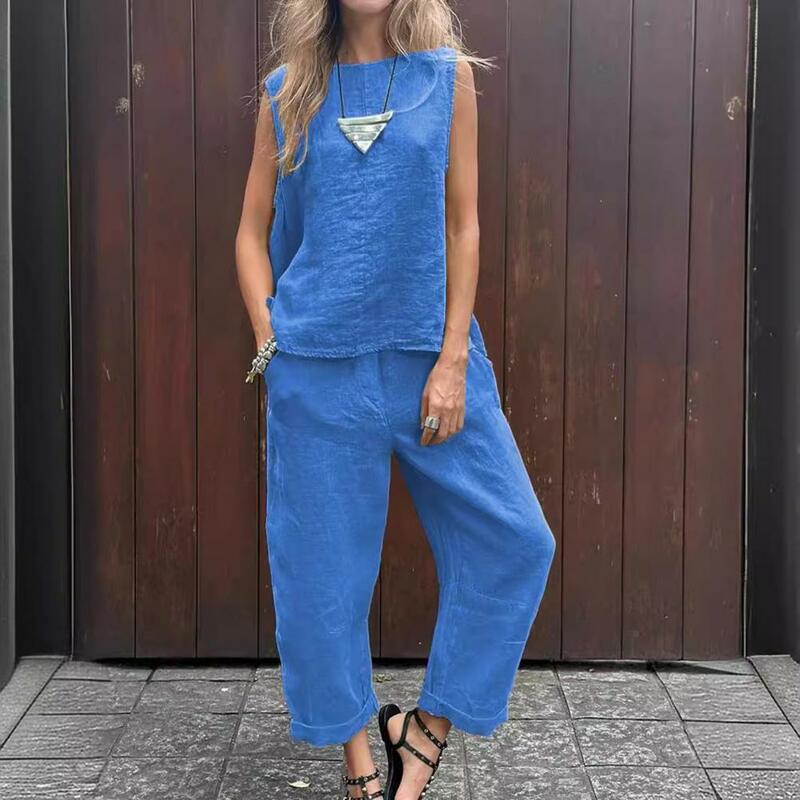 Wide-leg Trousers Women's Sleeveless Vest Pants Set with Elastic Waist Side Pockets Casual Sport Outfit for Daily Wear Women