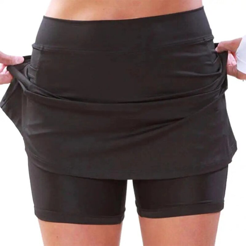 Pantalones cortos de falda atlética para mujer, pantalones cortos de dos piezas con bolsillos elegantes de corte en A