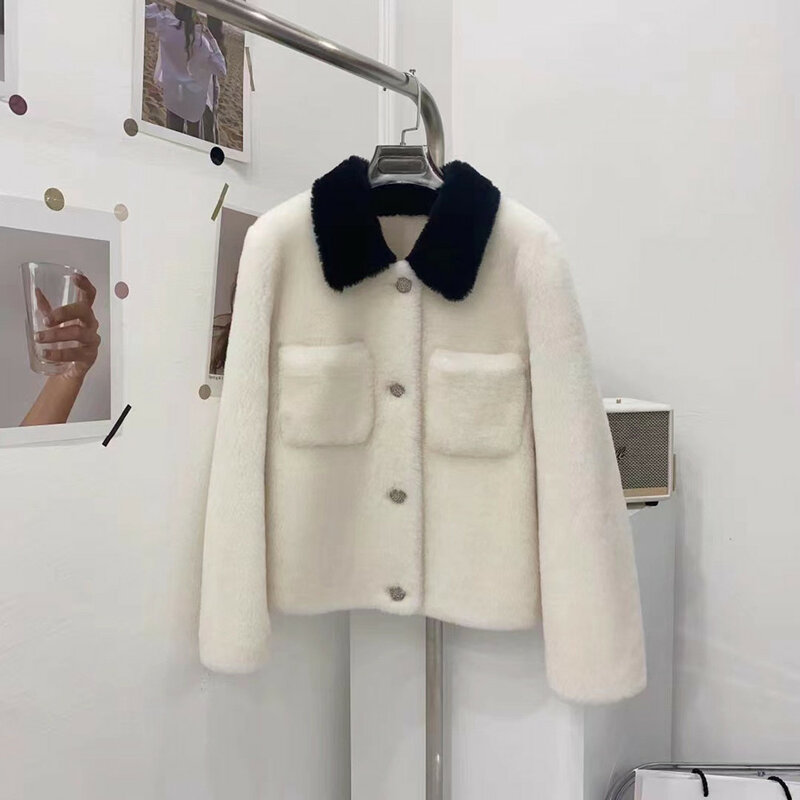 2022 Autumn Winter Chic Women High Quality Wool Fur Leather Pockets Jackets Coat F032