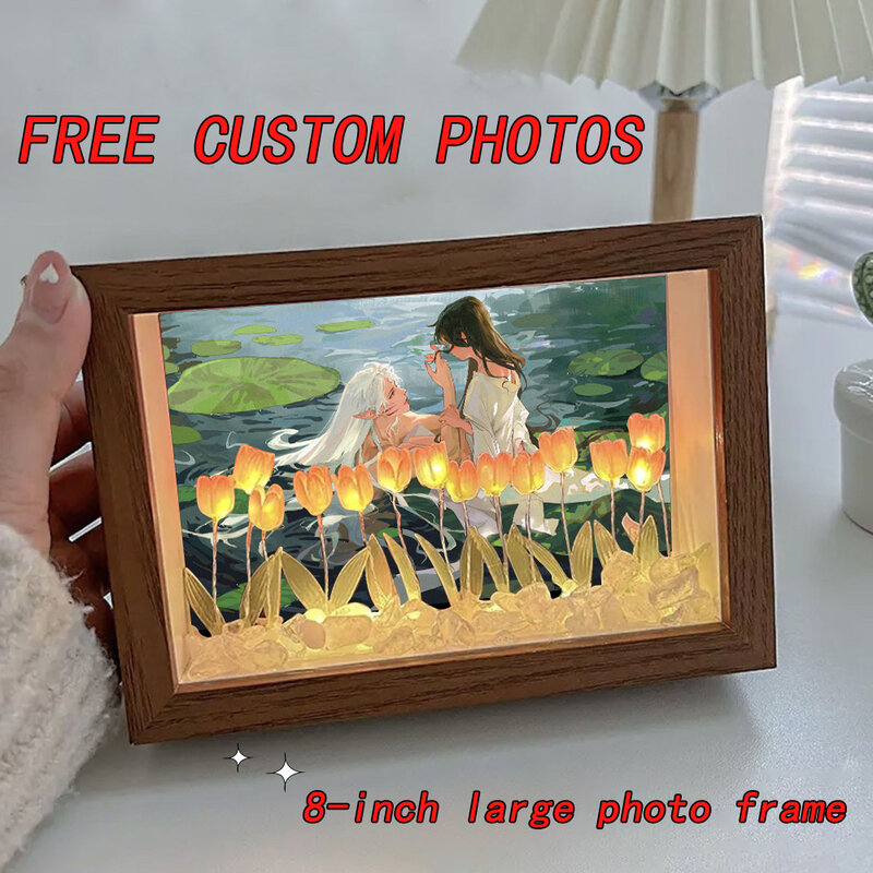 Free Custom Photos Tulipas Espelho Lâmpada, DIY Simulação Flor Photo Frame, Decoração do quarto, Craft Sleeping Lamp, Romantic Gifts
