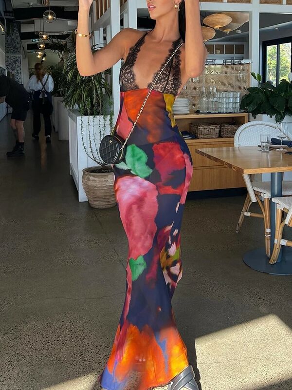 JULISSA MO elegante abito in Chiffon floreale Tie Dye estate Sexy donna Backless Lace Bodycon See Through 2023 Beach Party Vestidos