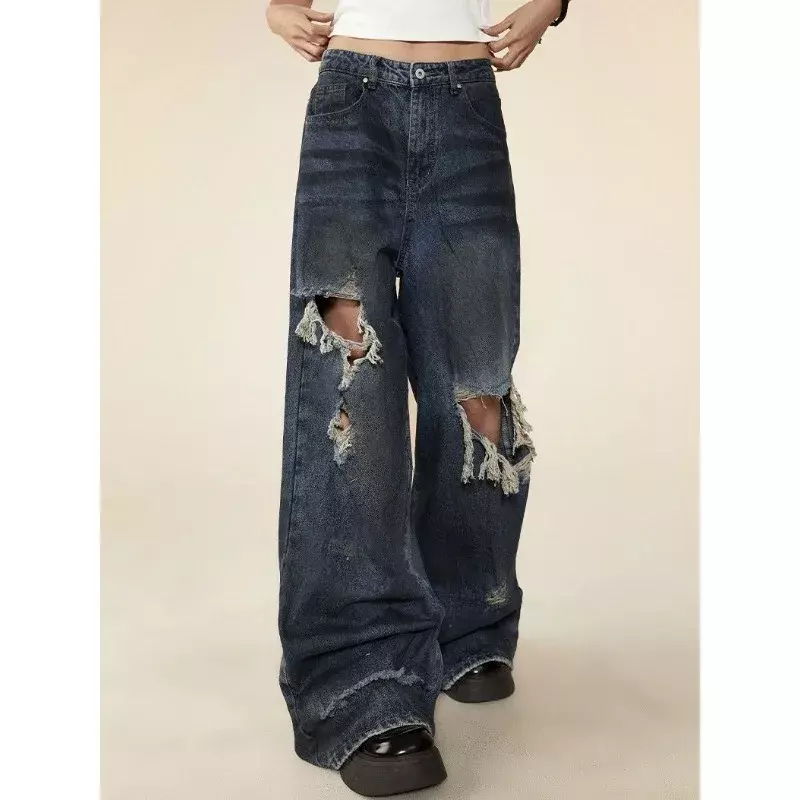 Рваные джинсы большого размера Deeptown Y2k, уличная одежда, Готическая кокетка с широкими штанинами, джинсовые брюки гранж, винтажные американские брюки с высокой талией