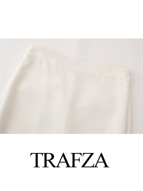 TRAFZA-Saia comprida de cintura alta com fecho de fenda, monocromática, decoração de bolso, esbelta, elegante, moda chique, feminina, verão