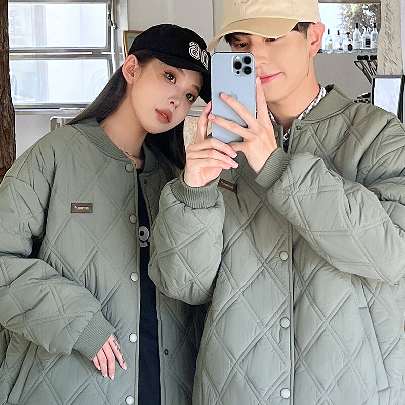 Couples style parka women's winter jacket with front concealed buckle fashion simple diamond coat elegant stand collar jacket