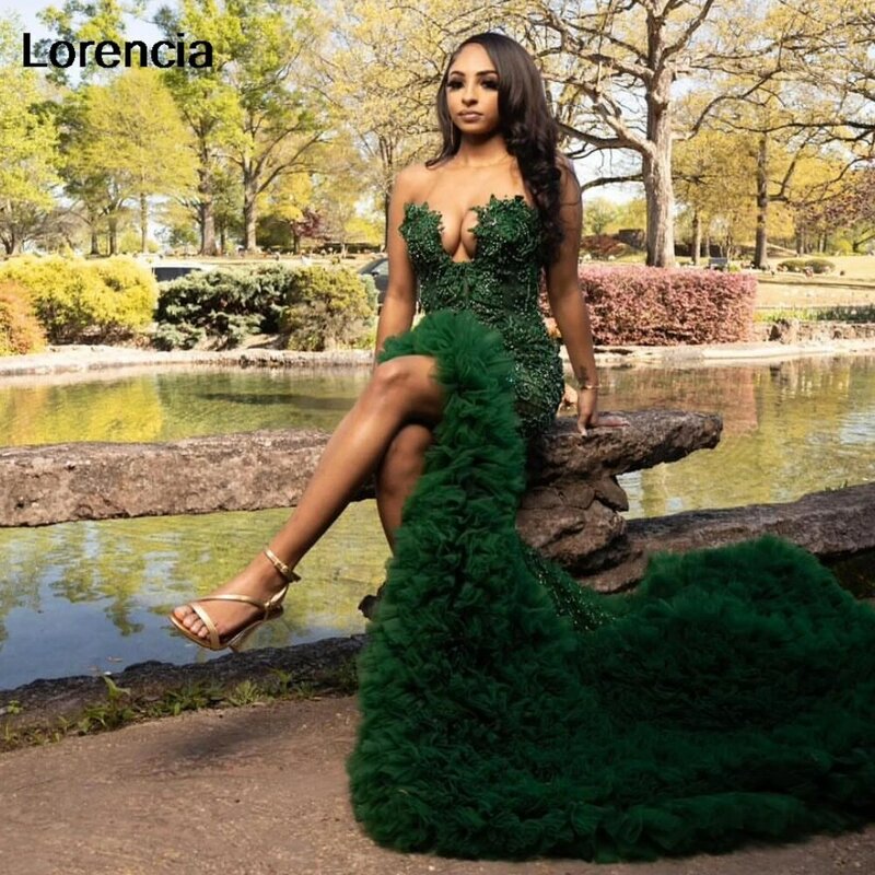 Lorencia Emerald Green Mermaid Prom Dress For Black Girls 2024 Sequin Rhinestone Beaded High Slit Ruffles Party Gala Gowns YPD94