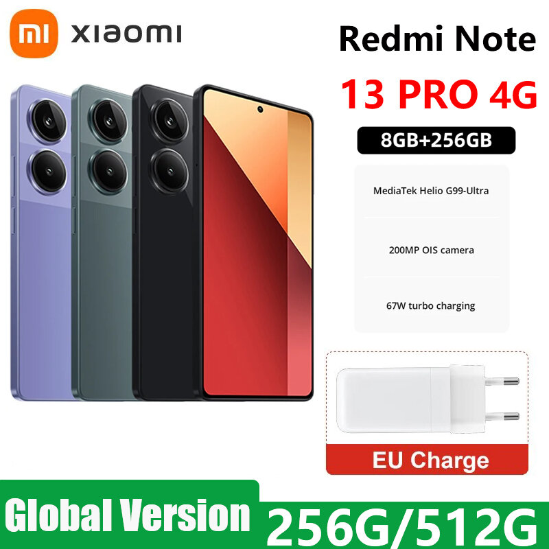 Xiaomi Redmi Note 13 Pro ponsel pintar 4G versi Global, ponsel pintar 256GB Helio G99 6.67 "tampilan AMOLED 120Hz 200MP kamera 67W pengisian daya Cepat