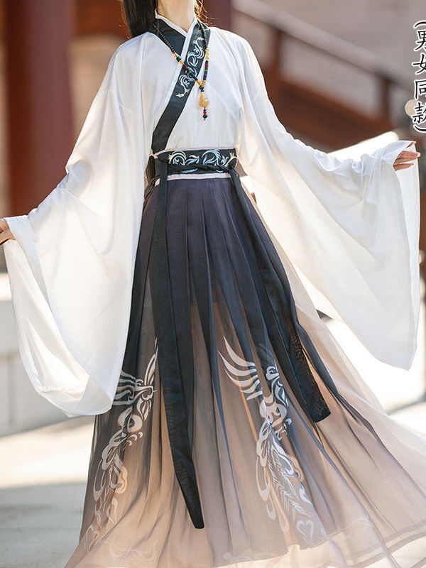 Fantasia da dinastia wei jin hanfu feminina, vestido antigo, comprimento da cintura, roupas de primavera e outono, casal, estilo chinês