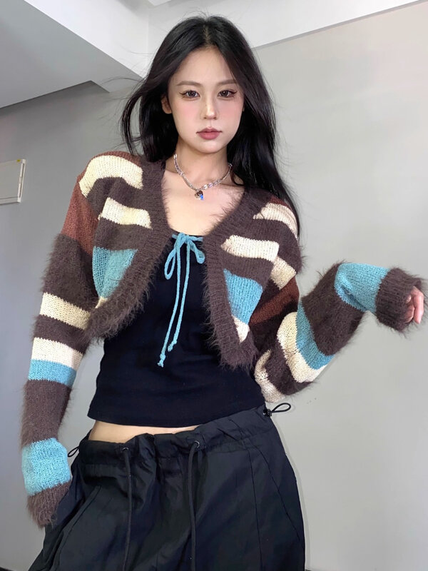 Deeptown Y2K Vintage Striped Cropped Cardigan Women Harajuku Kpop Contrast Knitted Sweater Korean Oversized Tops 90s Streetwear