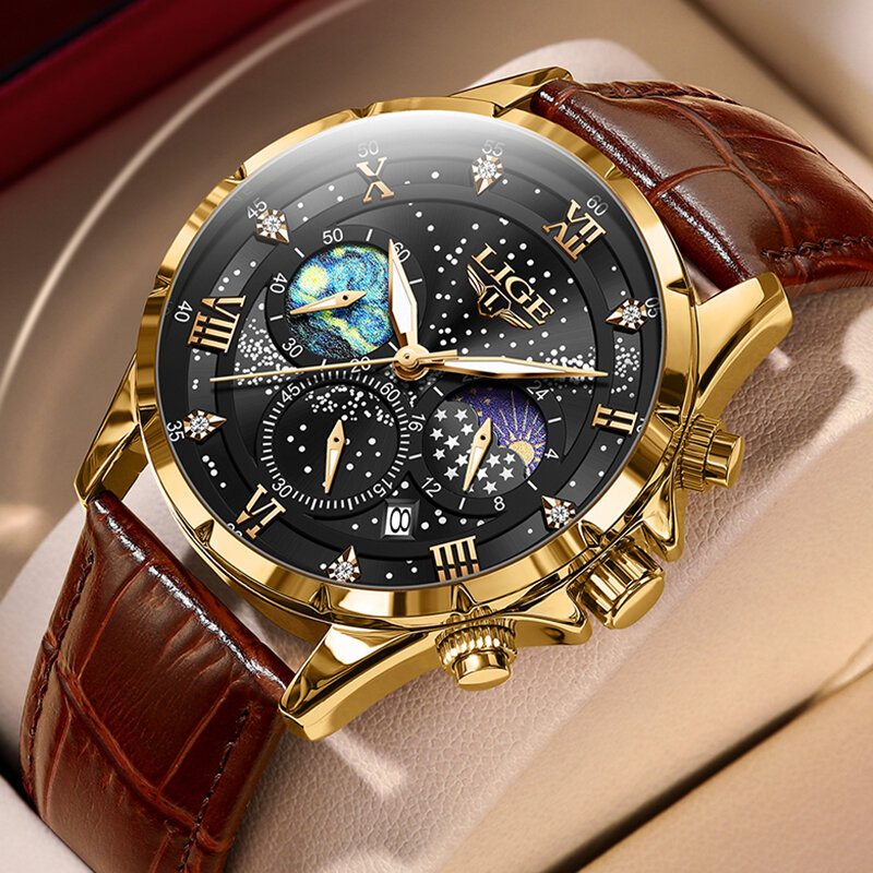 LIGE-Relógio de quartzo cronógrafo de luxo masculino, couro, esporte, exército, relógio de pulso militar, relógio, marca Top