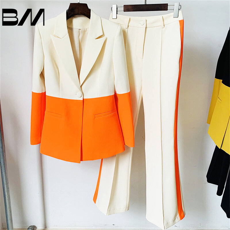 Stylish New Business Suit One-Button Color-Blocked Suit Bell-Bottom Pants Two-Piece Suit, Classic Business Woman Office Wedding