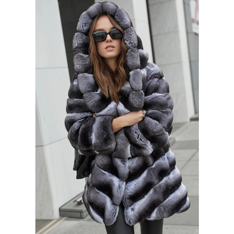 Cappotto di pelliccia di cincillà vera giacca di pelliccia di coniglio Rex per le donne marchi di lusso giacche invernali calde con cappuccio