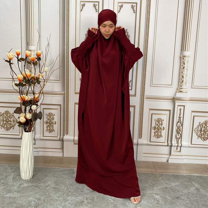 2 potong set pakaian doa Abaya wanita Hijab gaun Muslim Kaftan jubah pakaian panjang Islami Abaya Lebaran