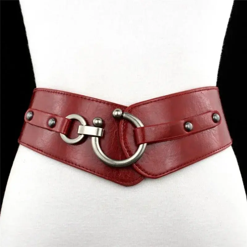 New Fashion Elastic Wide Belt Strap Vintage Women Faux Leather Buckle Elastic Wide Belt Strap Solid Color Waistband