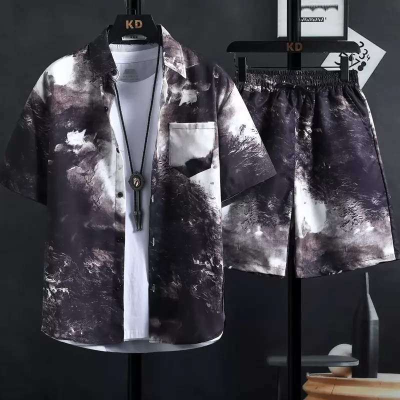 M-3XL เซ็ตพิมพ์ลายเสื้อสำหรับผู้ชาย, กางเกงขาสั้นเทรนด์แฟชั่นคุณภาพสูง Baju atasan Bunga ลำลองสไตล์ฮาวาย