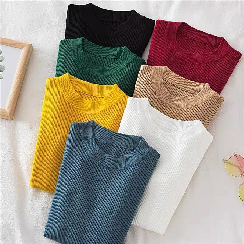 Autumn Winter New Knitted Sweater Women's Half High Neck Solid Color Bottom Shirt Outwear Fashionable Mid Neck Long sleeved Top