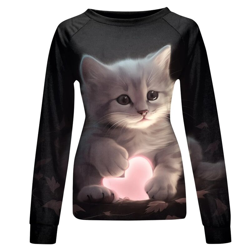 Cute Cat Women's T Shirt 3D Print Casual Long Sleeve Tees Oversized Harajuku Sweater Clothing Daily Blouse Female Loose Tops