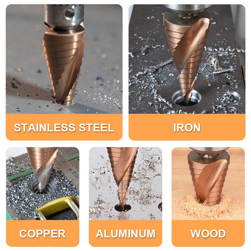 ステンレス鋼の金属および鋼のステップドリルのセット,1ピース,3個,m35 5%,4〜12mm/20mm/32m