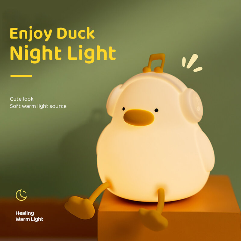 Luz LED nocturna para niños, lámpara de silicona con dibujos de animales, pato lindo, Sensor táctil, temporizador, recargable por USB, regalos de cumpleaños