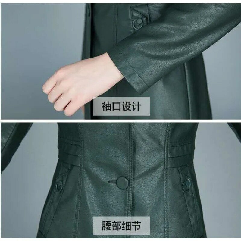 เสื้อแจ็คเก็ตหนังแบบทางการสำหรับผู้หญิงเสื้อโค้ทหนังเก๋ๆสไตล์เกาหลียาวปานกลางพอดีตัวกันลมหนัง PU ลำลอง