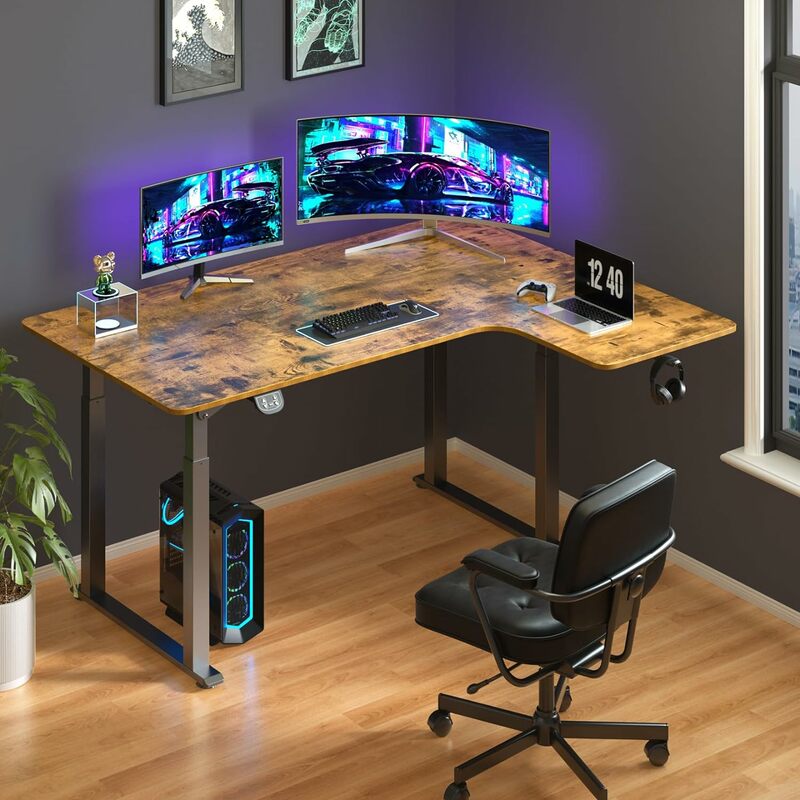 63 x 43 Inch Standing L-Shaped Desk, Power Height Adjustable Dual Motor Sit-Stand Desk, Corner Station with 4 Stabilizing Legs