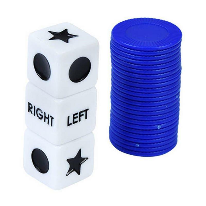 ศูนย์ซ้ายขวาเกมลูกเต๋าเวอร์ชันภาษาอังกฤษที่น่าสนใจศูนย์ซ้ายขวาเกมกระดานกับ3 dices และ24ชิปสำหรับการดื่มสโมสร